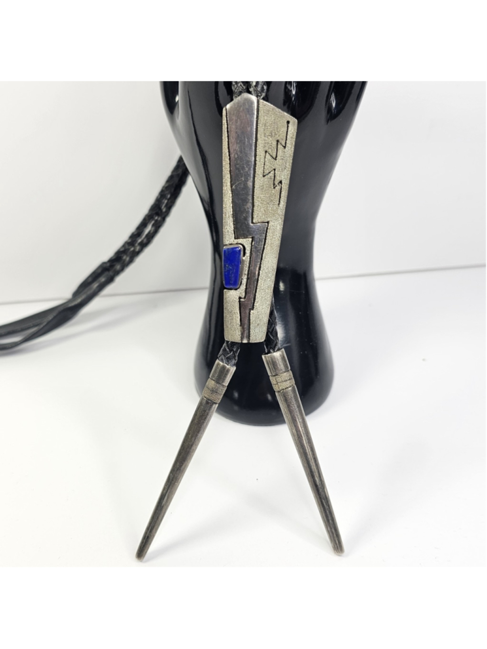 Signed Leroy Begay Navajo Sterling Silver Bolo Tie Lapis Modernist Lightning 52g